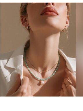 Plunder Design Double Necklace.
Turquoise Beaded With Faux Pearl 18" Goldtone